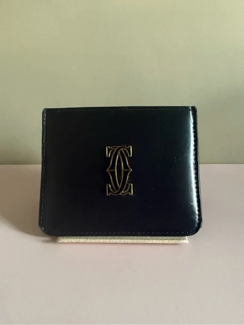 Cartier Black Leather Double C Logo Card Holder Gold Tone